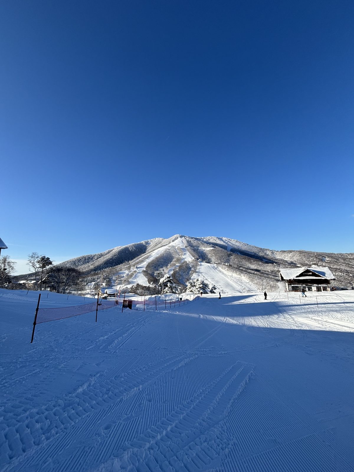 朝の斜面と山小屋、青空