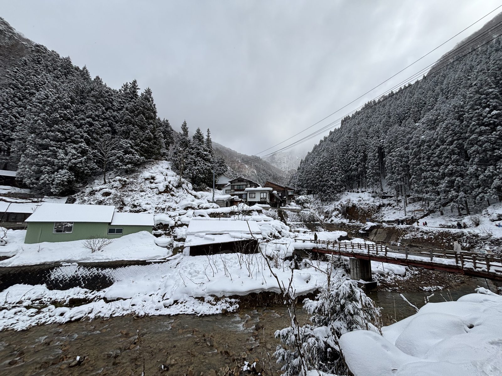 Snow-covered cedars, houses in a narrow valley and a small bridge